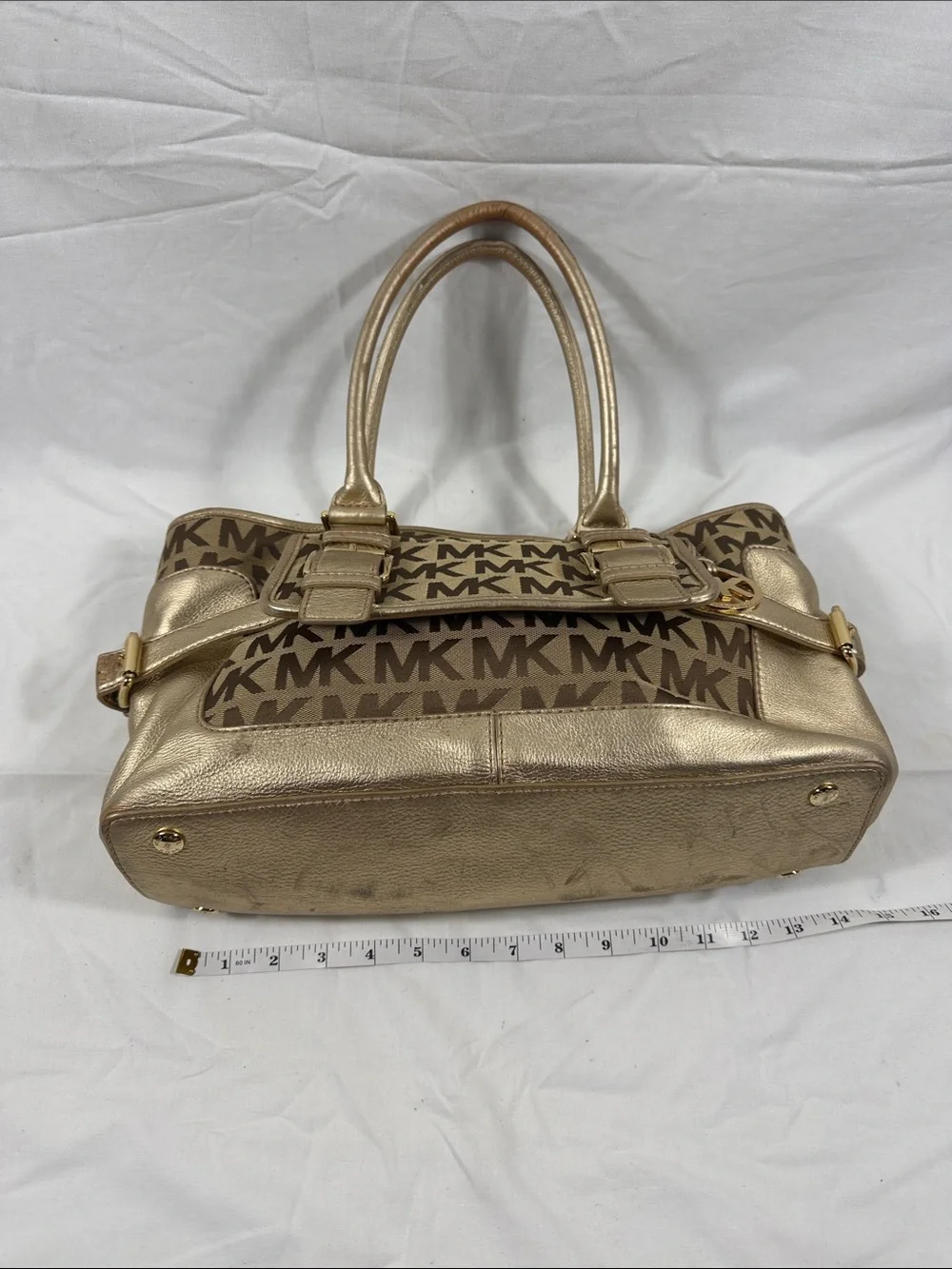 Michael Kors Gold Signature Jacquard Metallic Leather Satchel Bag